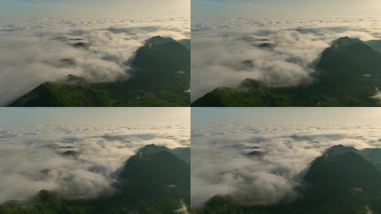 从山雾云上看日出山脉云雾缭绕穿越山群山峦