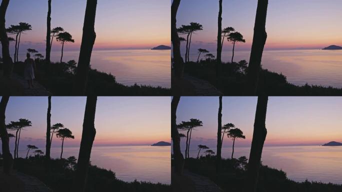 日落时分，一名妇女沿着海岸散步，厄尔巴岛。