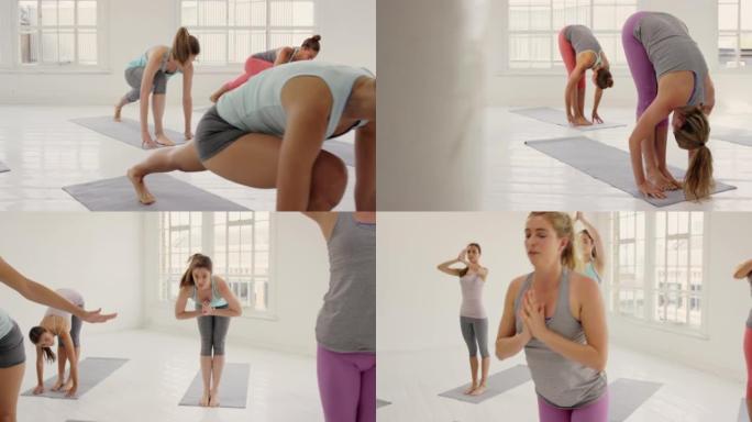 一群年轻女子一起在瑜伽馆锻炼的4k视频片段