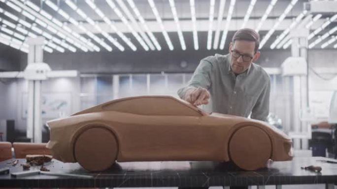 富有创造力的汽车设计师正在用聚合物造型粘土制作原型车。专注的专业建模师考虑3D雕塑，深思熟虑地看着模