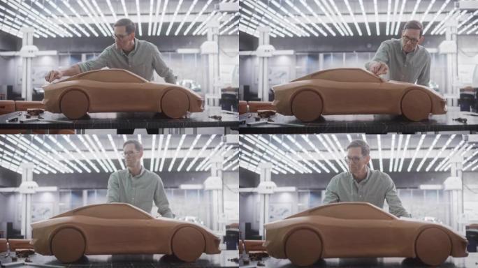 富有创造力的汽车设计师正在用聚合物造型粘土制作原型车。专注的专业建模师考虑3D雕塑，深思熟虑地看着模