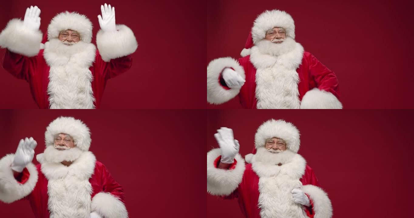 圣诞老人通过左右交替挥舞，然后用双手向我们打招呼