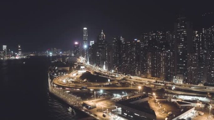 夜间香港城市无人机景观