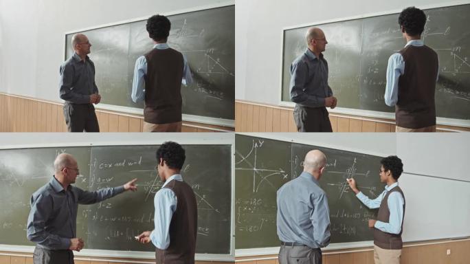 学生和教授在黑板上解决几何问题