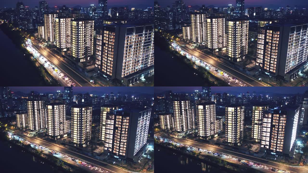 夜晚的现代城市杭州市内透大楼大厦