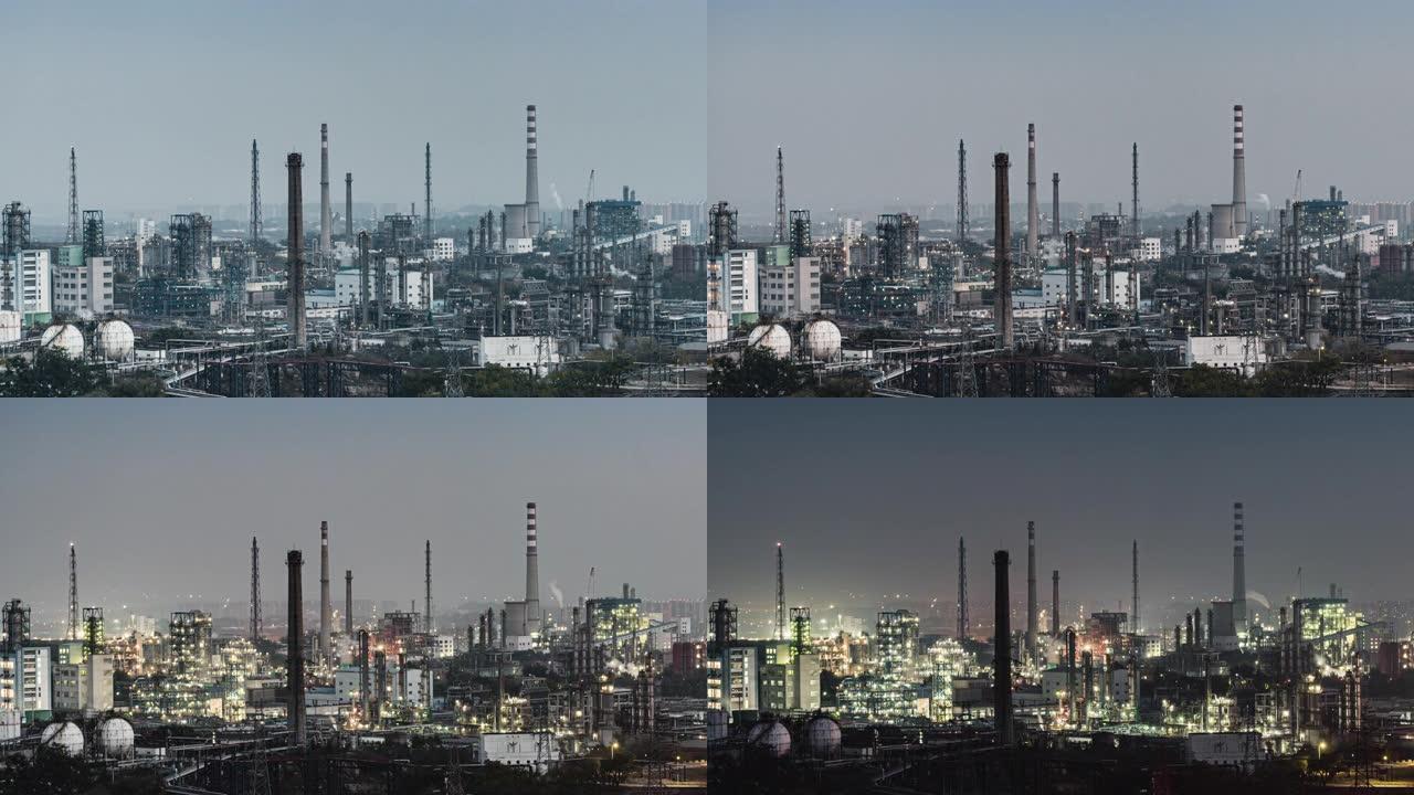 石化厂和炼油工业的T/L鸟瞰图，昼夜过渡