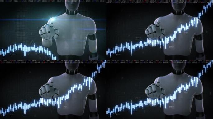 机器人触摸股市图表。增加线。人工智能。4千。