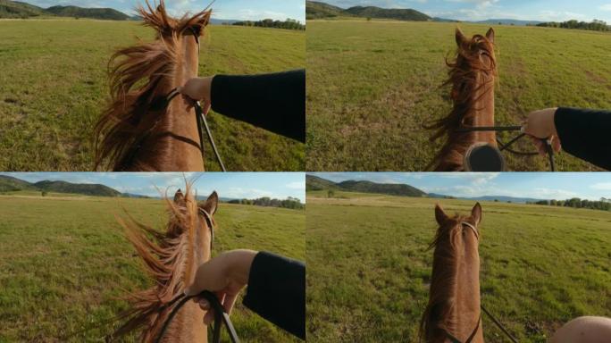 日落时分，女子骑马穿过草地的视点镜头