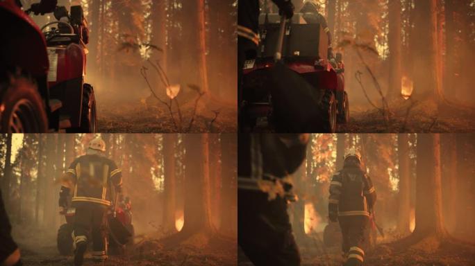 建立射击: 身穿安全服和头盔的消防员队伍扑灭了野火，在一辆全地形车上沿着烟熏森林移动。电影镜头。
