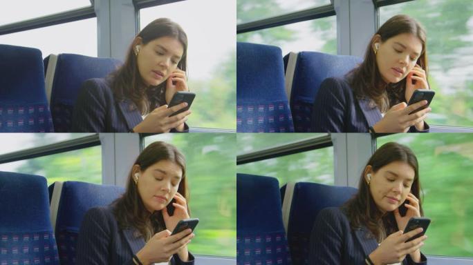 带无线耳塞的女商人通勤在火车上看手机