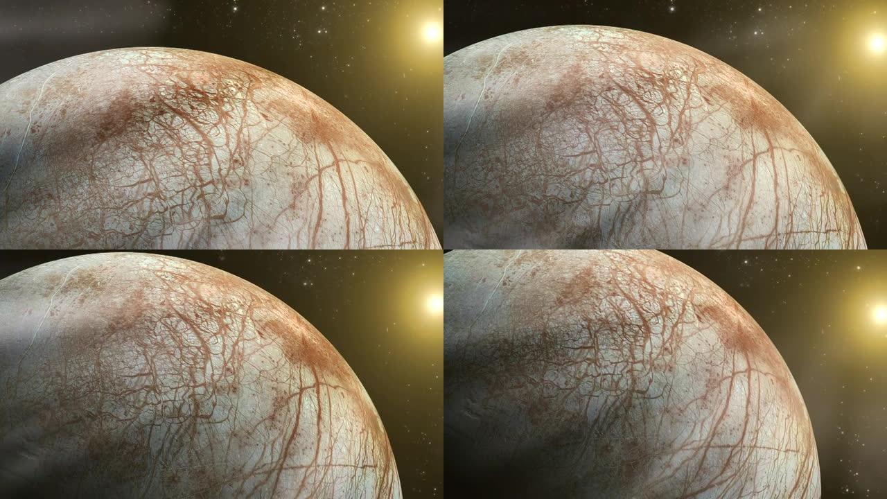 木卫二，木星的卫星，在太阳前面。这段视频的元素由美国宇航局提供。