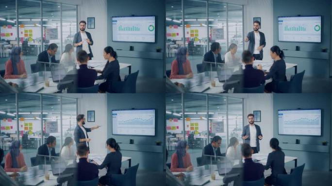 多元化的现代办公室: 积极进取的商人领导与经理的商务会议，会谈，使用带有统计，图表增长，大数据的演示