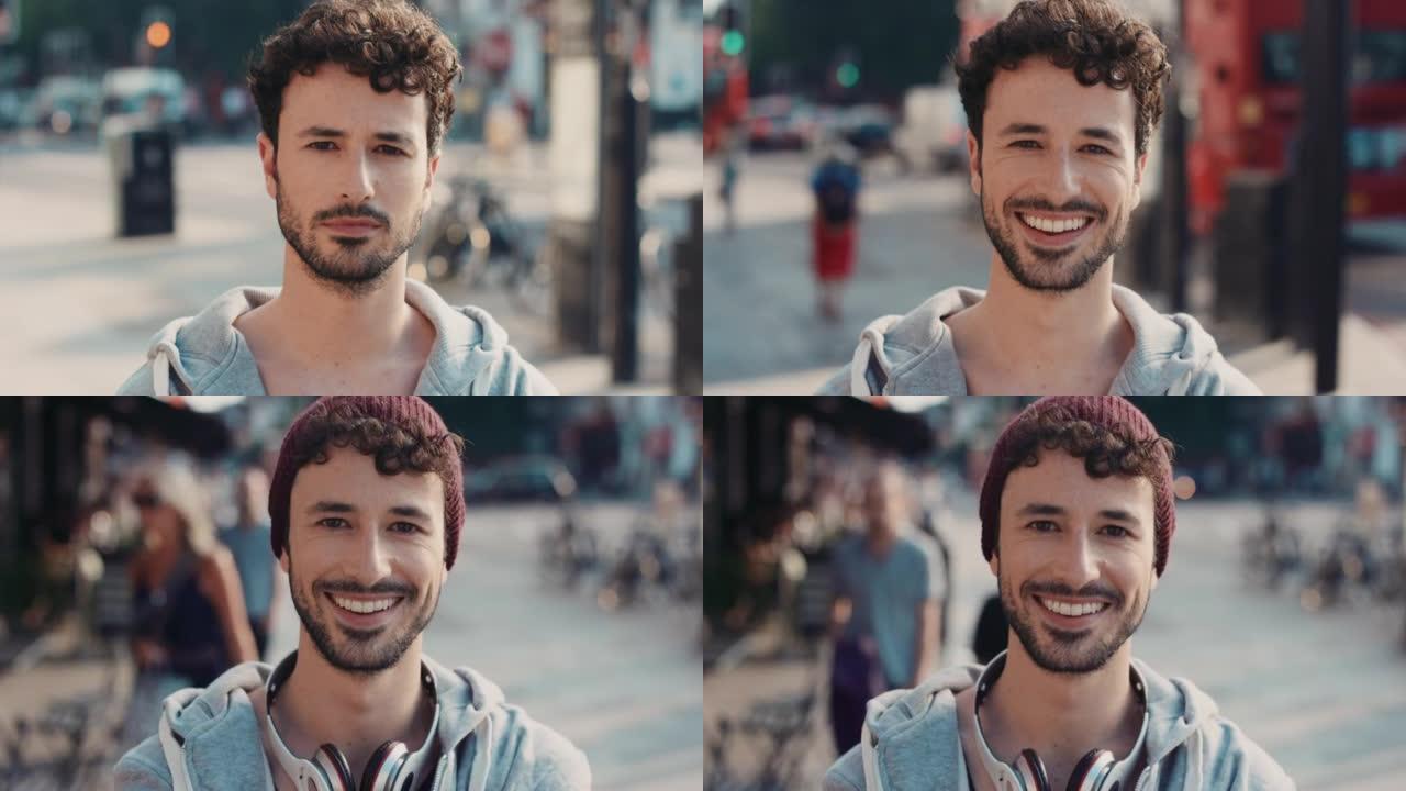 一个快乐的年轻人在城市背景下的4k视频片段