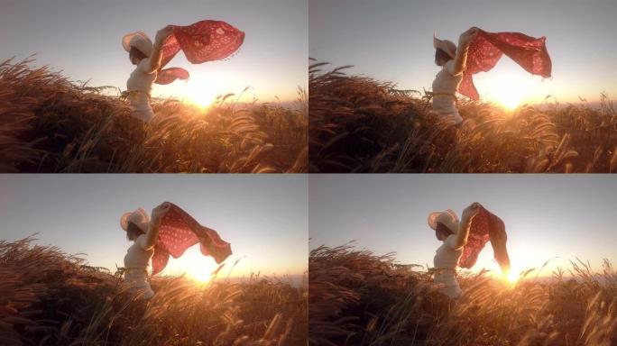 SLO MO美丽的女人在草地上快乐，在日落时无忧无虑的感觉