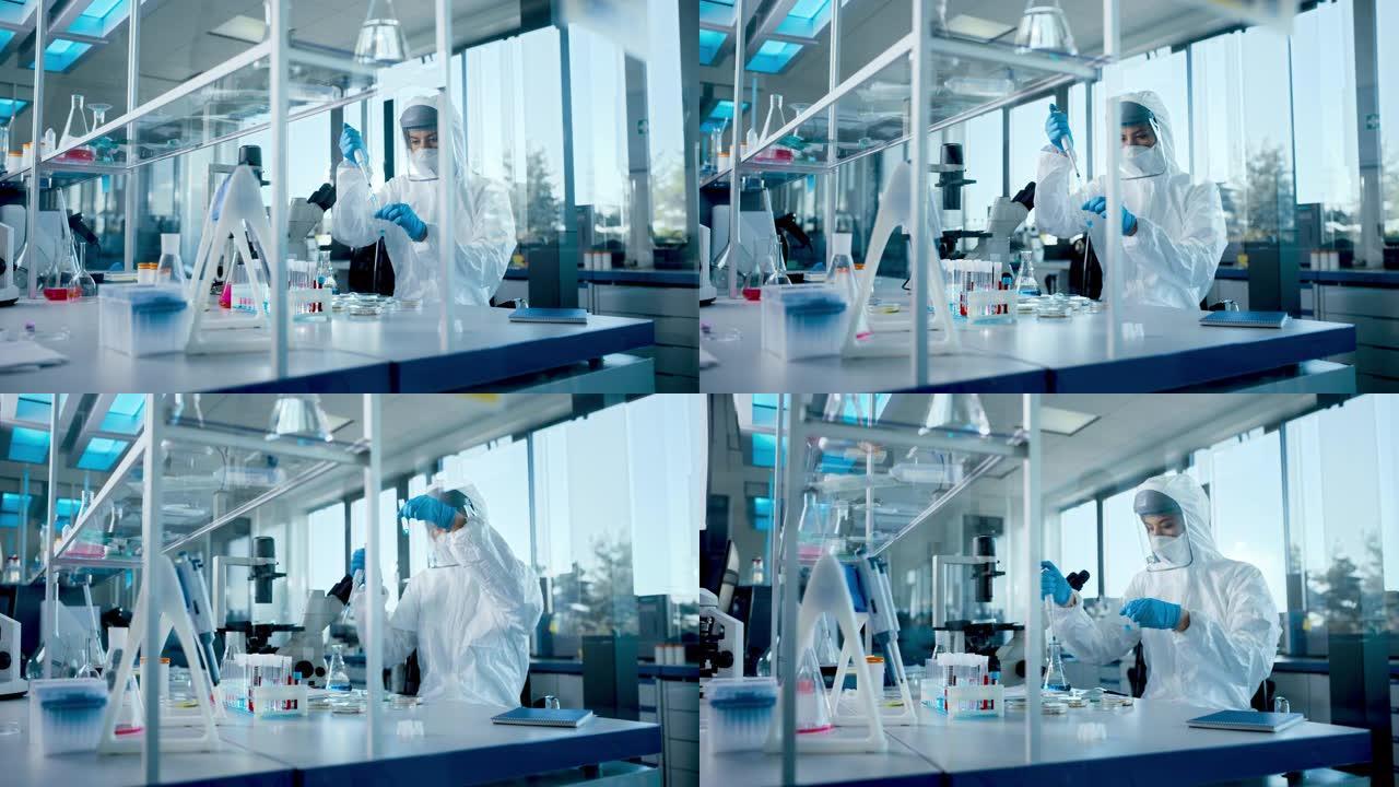 美丽的女医学家穿着工作服和面罩，使用微量移液器，同时使用试管。疫苗、药物研发创新实验室、现代化设备