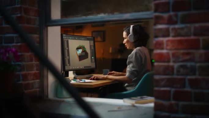 女性视频游戏设计师在她的个人计算机上使用新的3D级别。专注的女人创造Metaverse和设计视频游戏