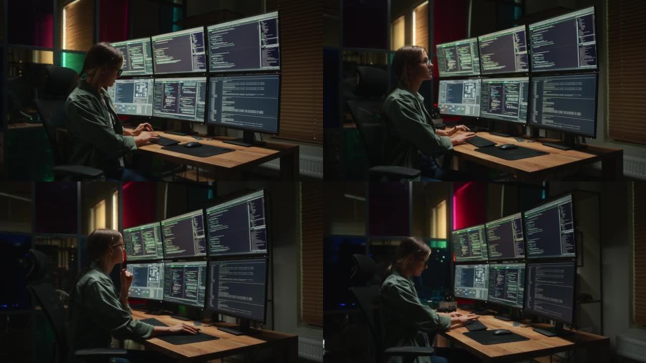 女程序员在台式计算机上编码，在黑暗的办公室中设置了六台显示器。智能高加索女性监控网络安全部门IT公司
