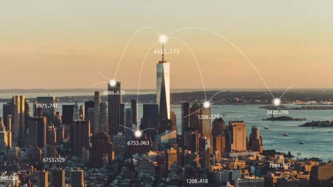 T/L PAN曼哈顿城市天际线和5G网络概念在日落/纽约