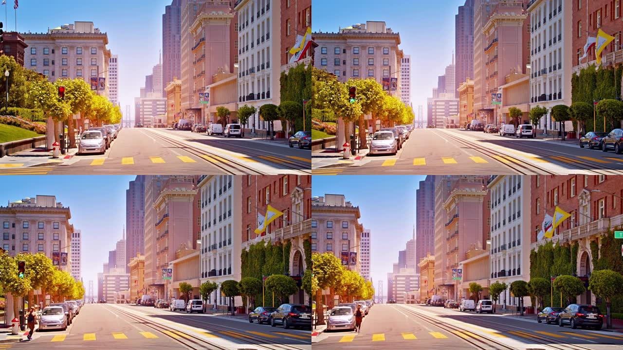 旧金山市区。慢跑者穿过街道。建。