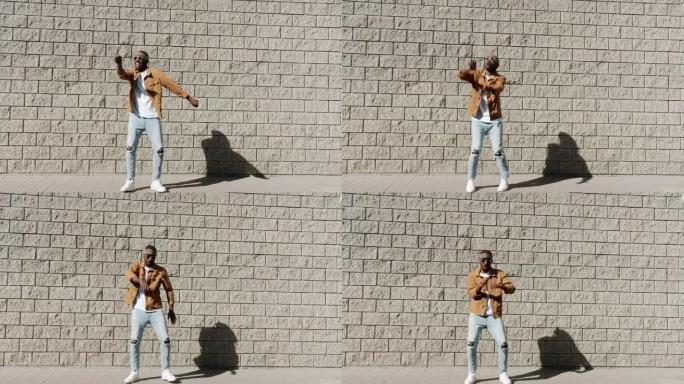 快乐的非洲裔美国男嘻哈舞者在阳光明媚的夏日在户外玩得开心