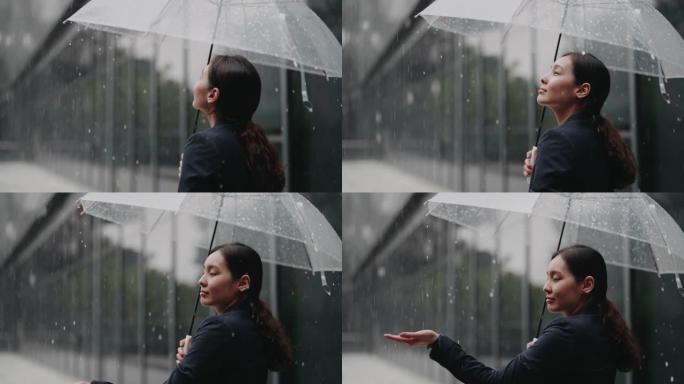 亚洲女商人站在雨中撑着伞