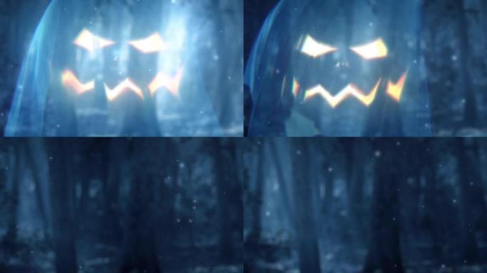 在黑暗的夜晚森林中，数字产生的怪异幽灵出现在相机上
