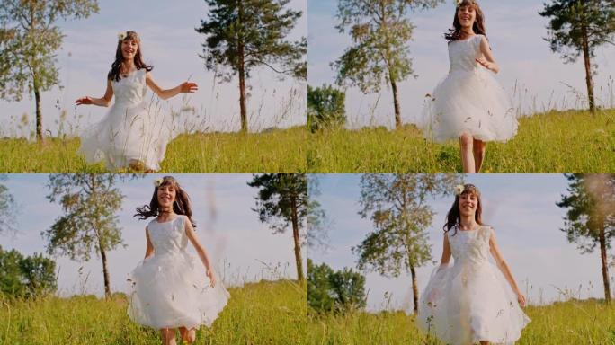 穿着白色连衣裙的时间扭曲小女孩在高草丛中奔跑