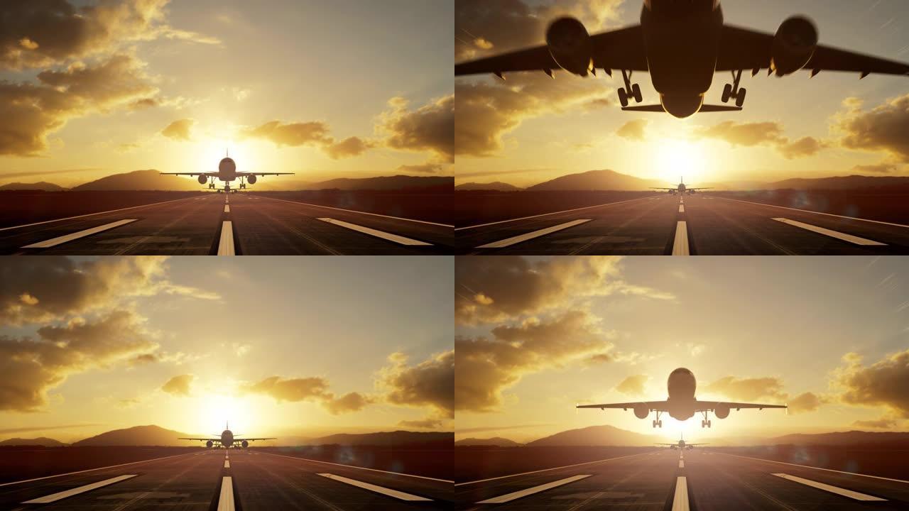 两架飞机在跑道上逐一起飞，对抗浪漫的日落天空，以实现旅行概念