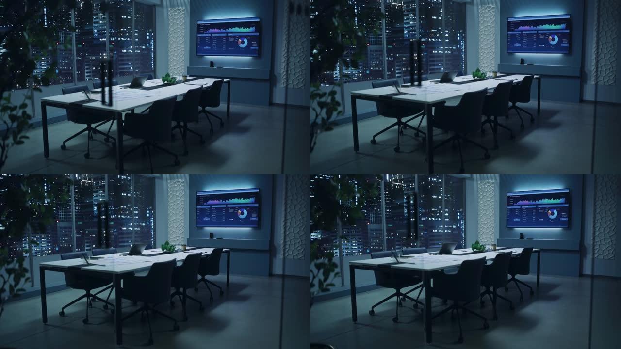 现代化的空会议室，有大会议桌，上面放着各种文件和笔记本电脑。墙上的电视显示公司的增长，统计，图表和饼