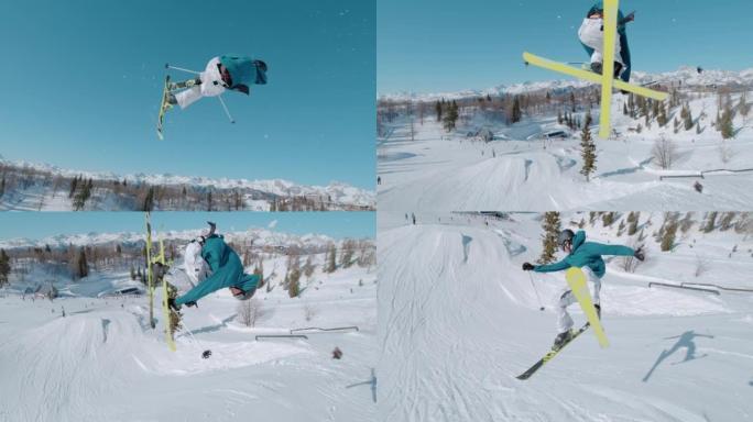慢动作: 跟随自由式滑雪者跳上大型空中踢脚的惊人景象