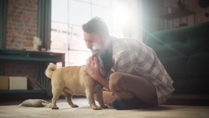 快乐的男人拥抱他可爱的小哈巴狗，在家给它零食。英俊的男人和他的狗一起玩，最好的朋友，抓挠超级快乐的狗