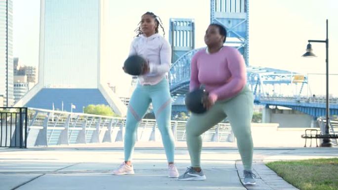 两名非裔美国妇女用药球锻炼