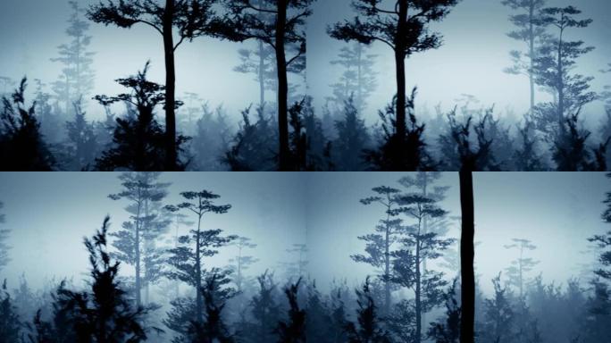 月亮穿过云杉树的轮廓在神奇的神秘夜森林。万圣节背景