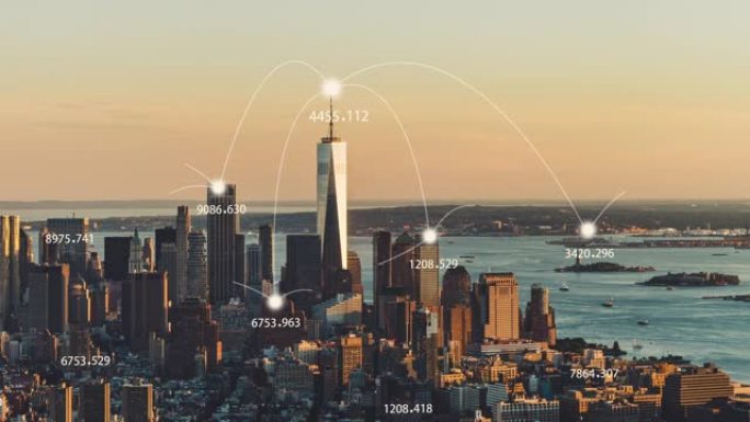 T/L泛曼哈顿城市天际线和5g网络概念/纽约
