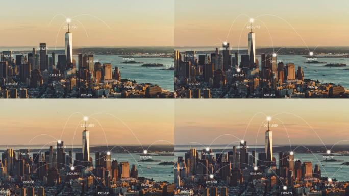 T/L泛曼哈顿城市天际线和5g网络概念/纽约