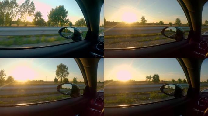 特写: 从行驶中的汽车的窗户可以看到金色的乡村美景
