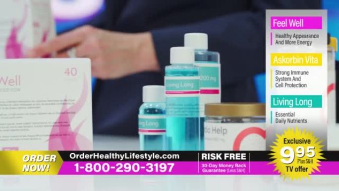电视节目产品信息广告: 带有保健医疗补充剂的模拟包装盒。展示美容膳食维生素产品。播放电视商业广告。多