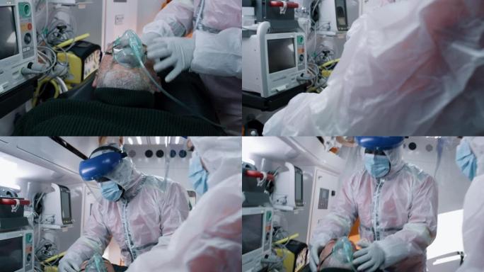 医护人员为患有COVID 19的患者戴上氧气面罩