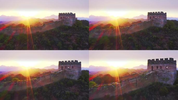 空中，日落的中国长城
