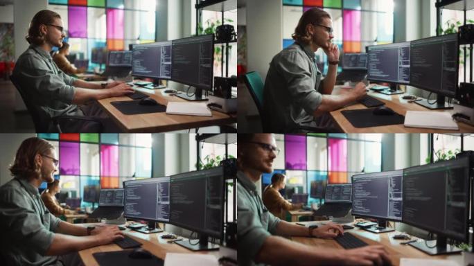 男性程序员在台式计算机上编码，在创意办公室设置了两个显示器。高加索人使用人工智能为成功的初创公司创建