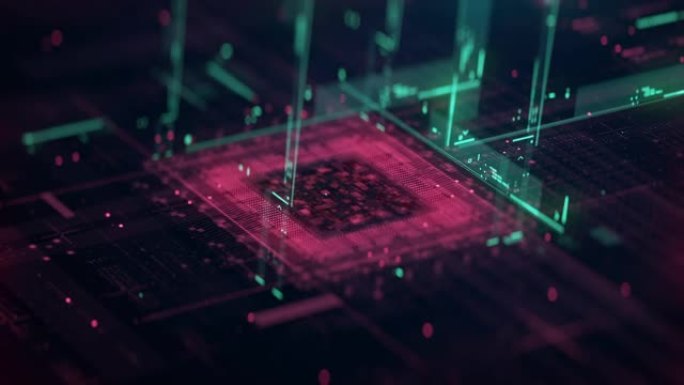 技术背景CPU电路3D可视化人工智能处理器电源。多彩红绿数字化进程。未来板芯片虚拟计算机动画特写4K