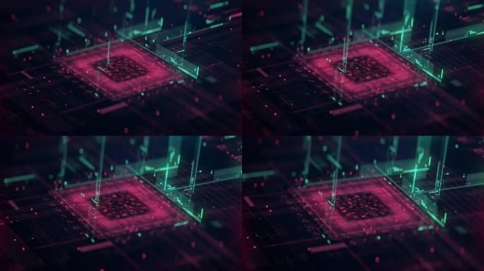 技术背景CPU电路3D可视化人工智能处理器电源。多彩红绿数字化进程。未来板芯片虚拟计算机动画特写4K