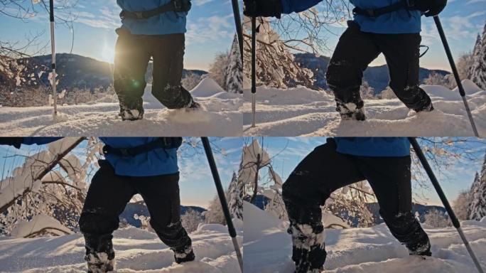 女士无法辨认的徒步旅行者在Kamnik-Savinja阿尔卑斯山的新鲜积雪中涉水