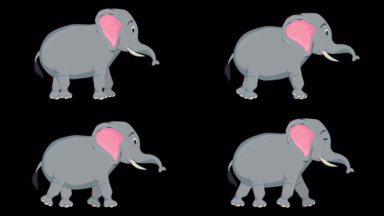 行走累象慢动作卡通动画 (透明背景/ProRes 4444) 的概念动物，野生动物，游戏，返校，3d