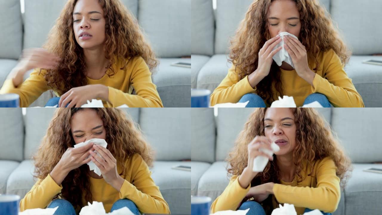 患有流感或过敏的年轻女性在组织中打喷嚏并吹鼻子。生病的女孩得了重感冒，表现出covid的症状，或患有