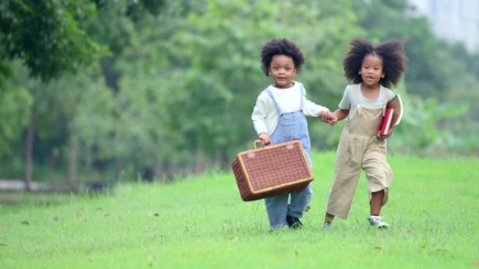 一个大约5-6岁的黑人男孩和女孩正在公园里手工散步。他们两个用可爱的脸看着对方。