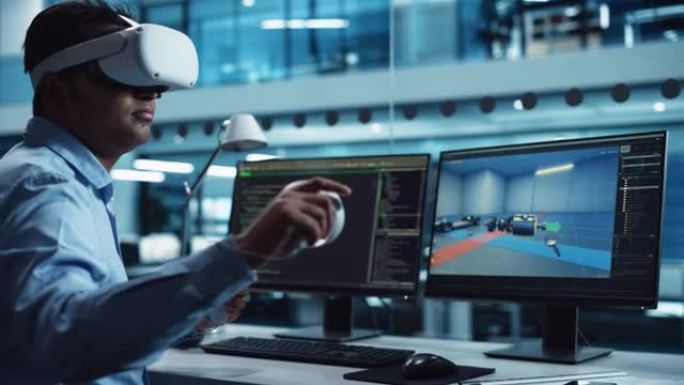 汽车工程师使用VR软件在工厂办公室的交互式环境中在电动机和车辆平台上工作。使用耳机和控制器的工业工程