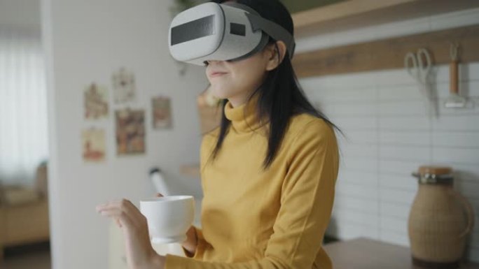 元宇宙概念。戴虚拟现实耳机或虚拟现实眼镜的年轻女子