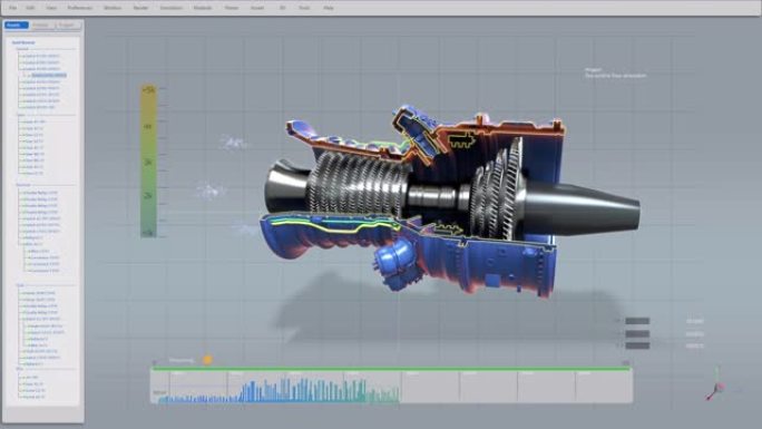 3D显示工业可持续绿色能源涡轮/发动机设计的计算机cad软件。高效的生态电机原型动画。VFX