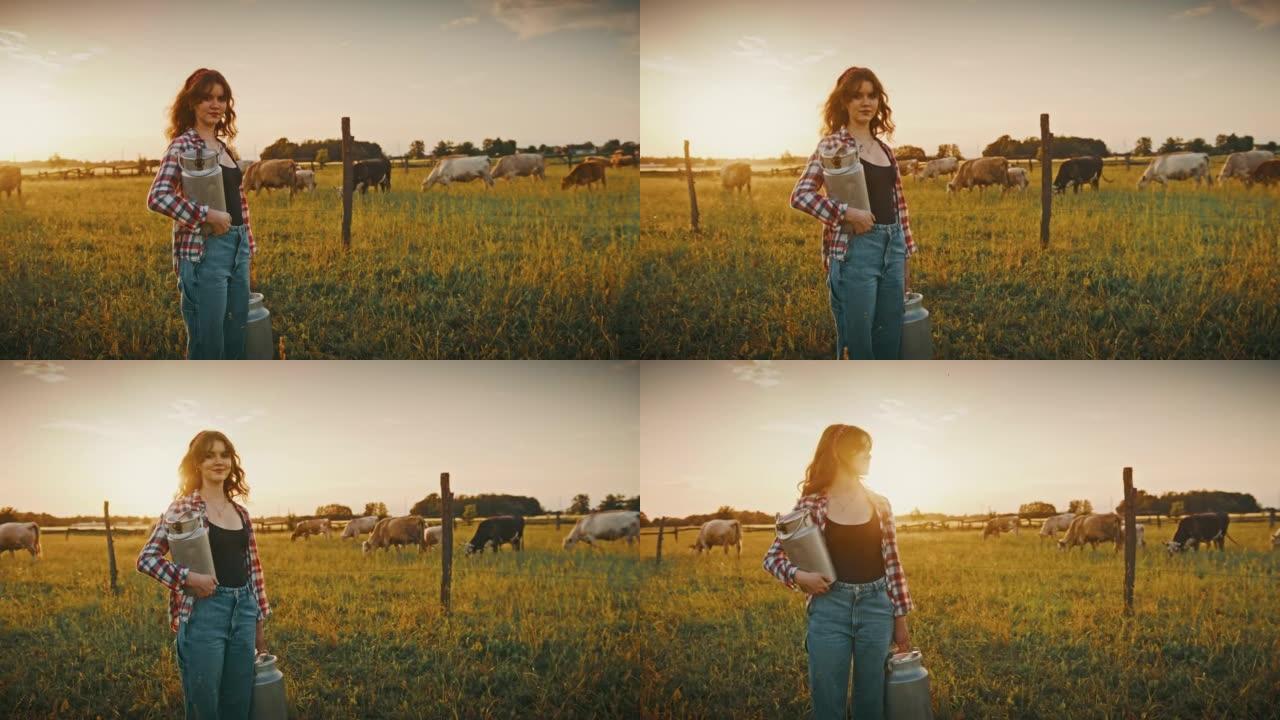 日落时分，SLO MO年轻女子在牧场上与两个牛奶罐合影